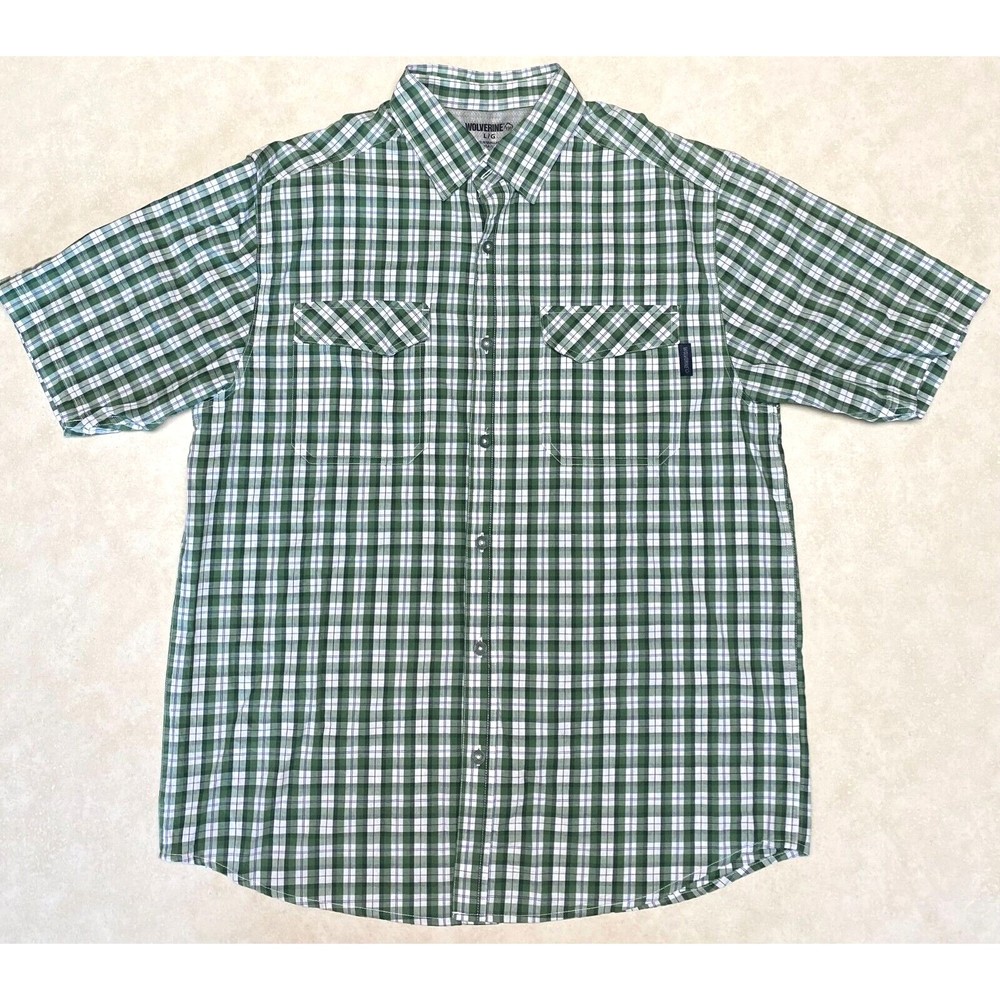 Wolverine Vented Fishing Green White Plaid Casual Shirt Large Snap Down Collar